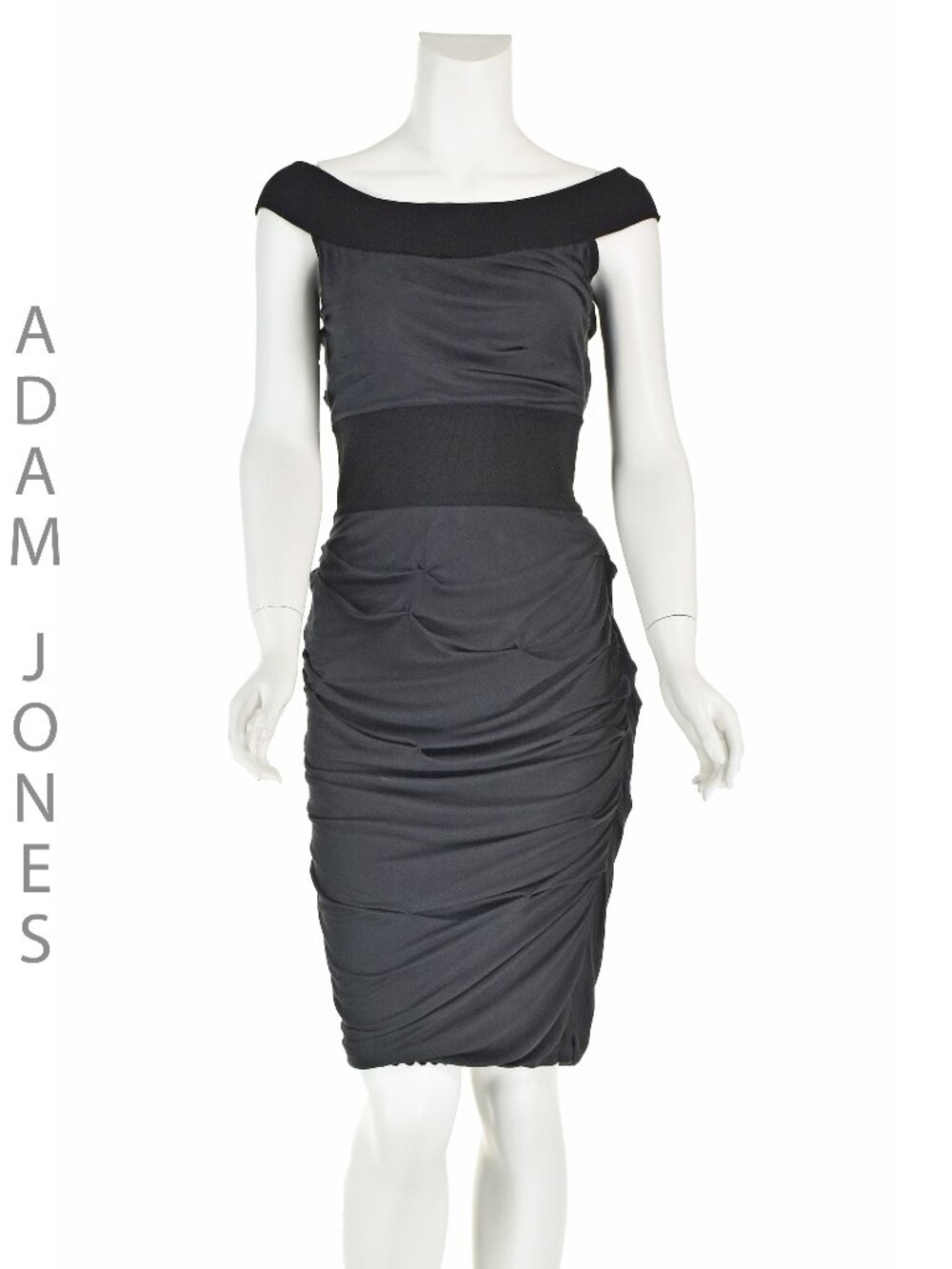 ADAM JONES Gray Puckered Sheath Dress w/ Black Stretchy Waist & Neckline SZ 6 M